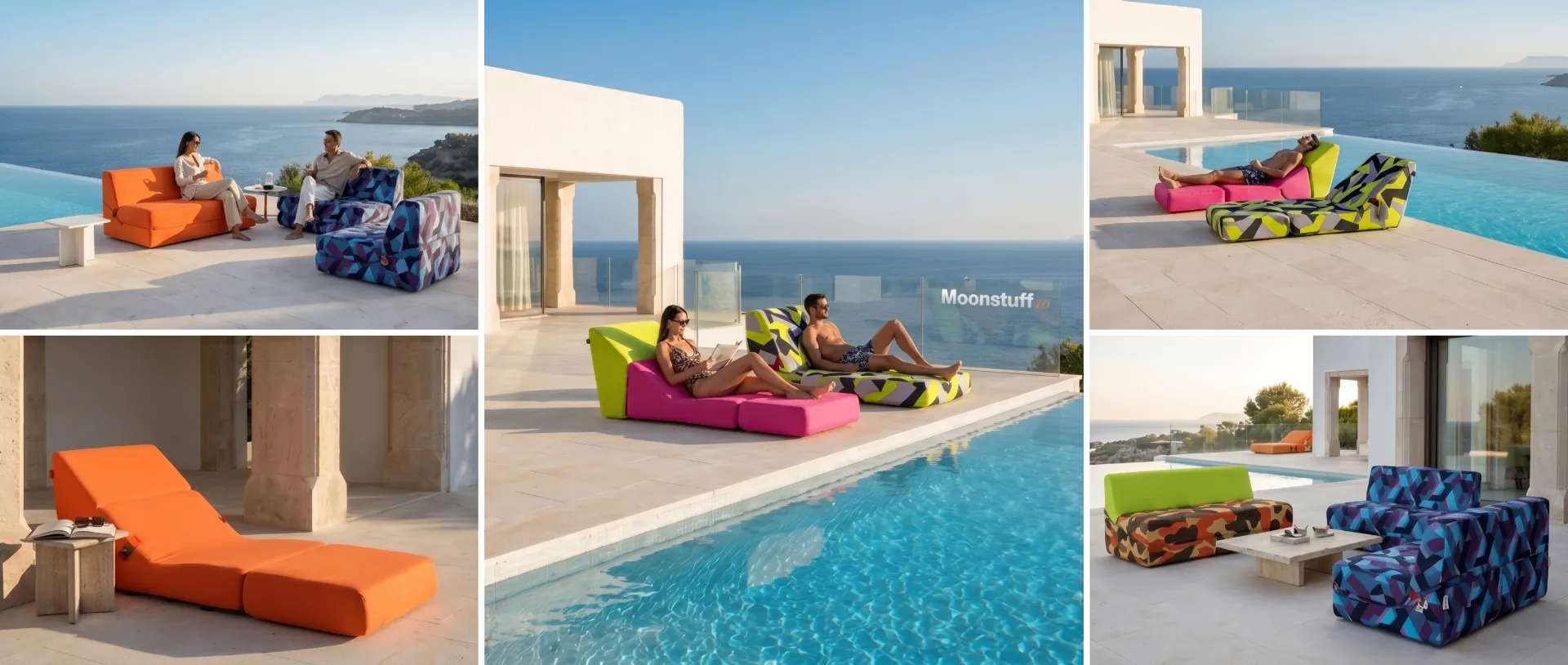 Moonstuff Outdoor-Lounger Kollektion Ibiza, Menschen sitzen und lesen.